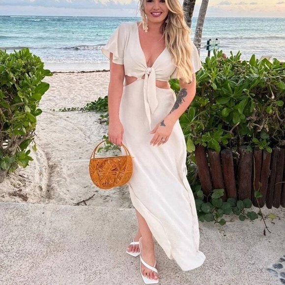 BEIGE TIE FRONT CUT OUT SPLIT HEM MAXI DRESS - Picture 2 of 14